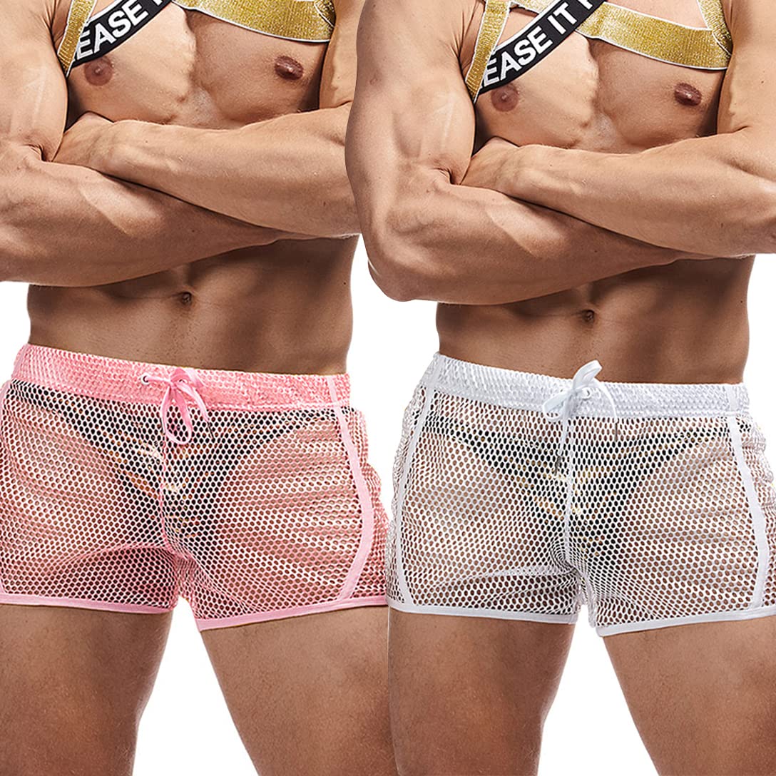 Mens FIROTTII Mesh Sexy Boxers Shorts See Through Shorts for Men (Pink + White L)