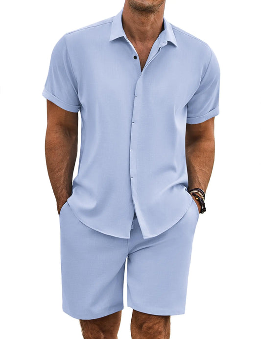 COOFANDY Mens Short Sets 2 piece Outfits Linen Shorts Set for Men Cruise Wear Light Blue Small