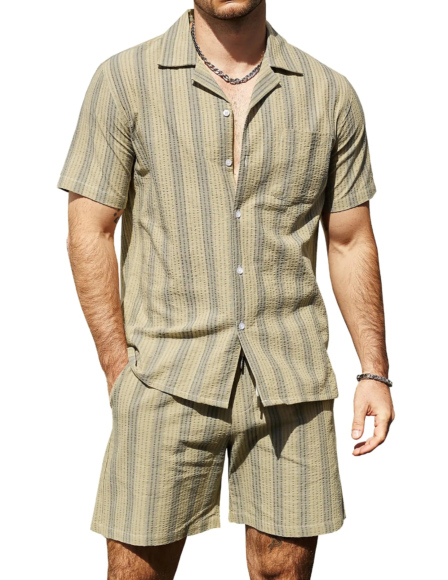 VATPAVE Mens Casual 2 Piece Outfits Short Sleeve Button Down Hawaiian Summer Shirts Beach Short Sets 3X-Large Khaki Brown 2 Piece Sets